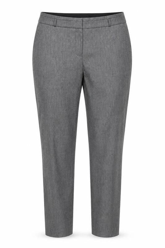 Front view of Warehouse women’s grey geometric polyester trousers, size UK 12, regular zip