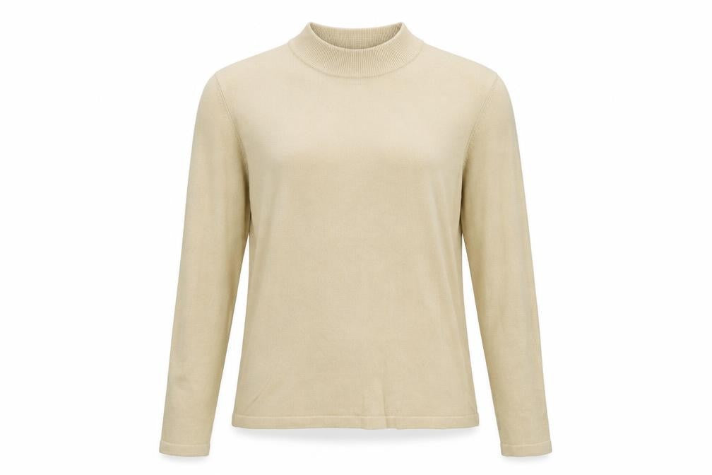 Front view of Marks & Spencer women’s beige mock neck acrylic jumper, size UK 12
