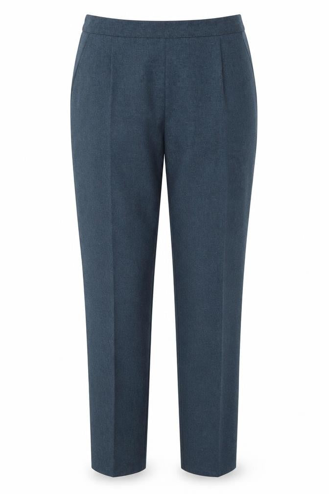 Front view of Classics women’s blue polyester trousers, size UK 12, regular