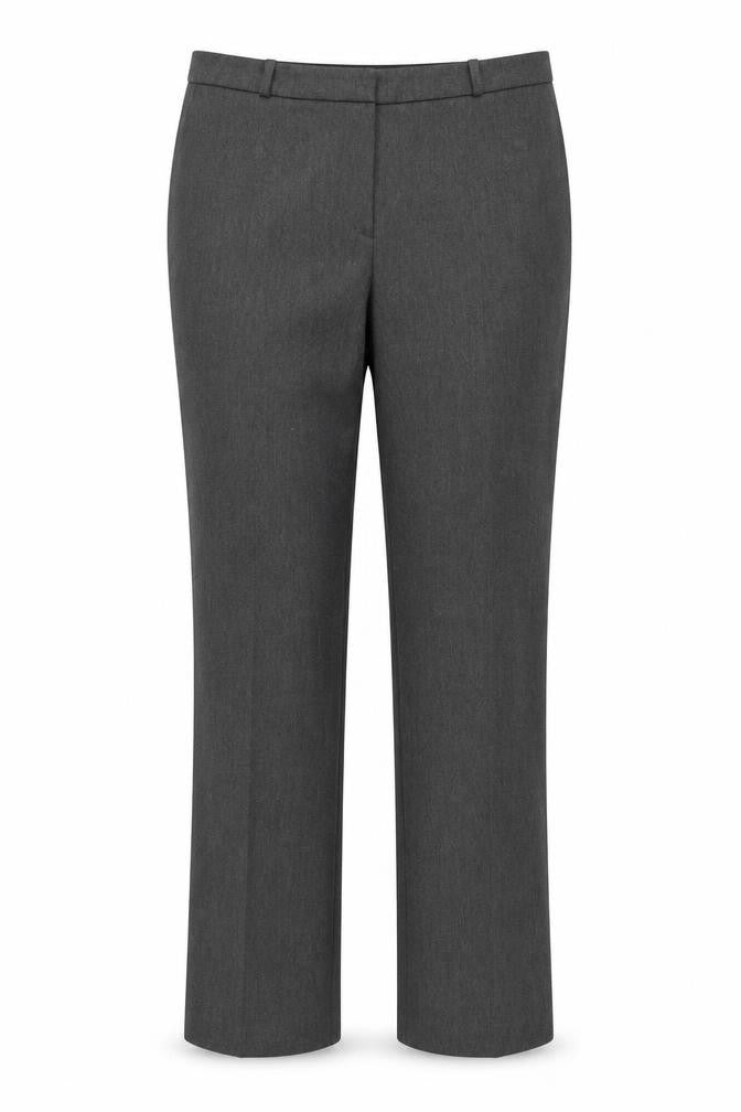 Front view of Marks & Spencer women’s grey polyester trousers, size UK 12, regular zip