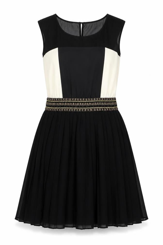 Front view of Next women’s black colourblock polyester fit & flare, size UK 10, round neck zip