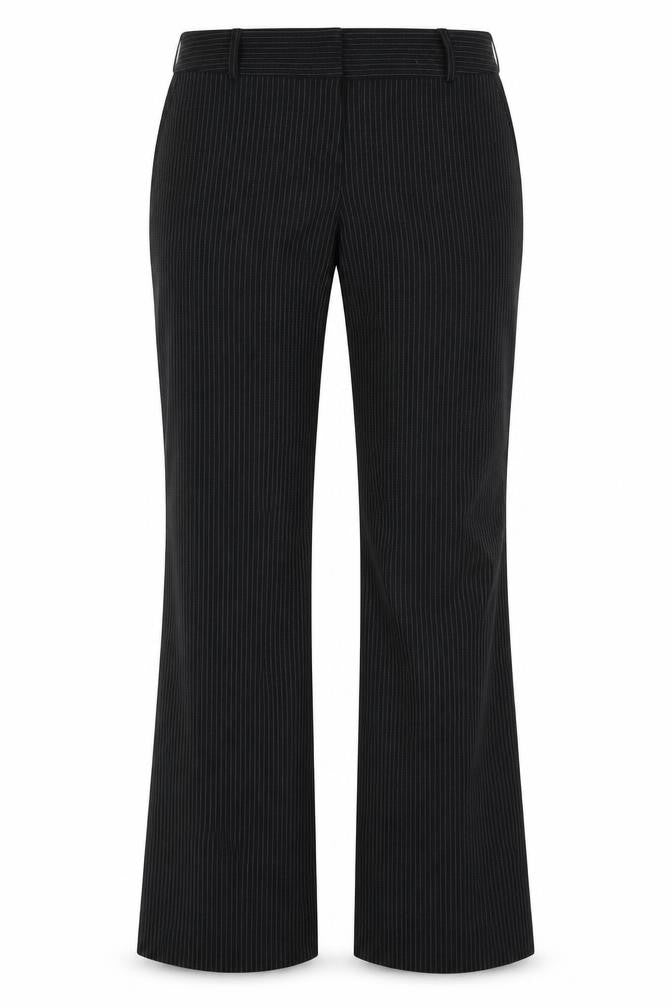 Front view of Editions women’s black striped polyester trousers, size UK 12, regular zip