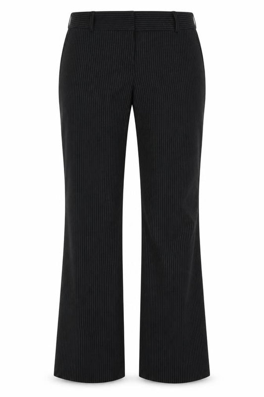 Front view of Editions women’s black striped polyester trousers, size UK 12, regular zip