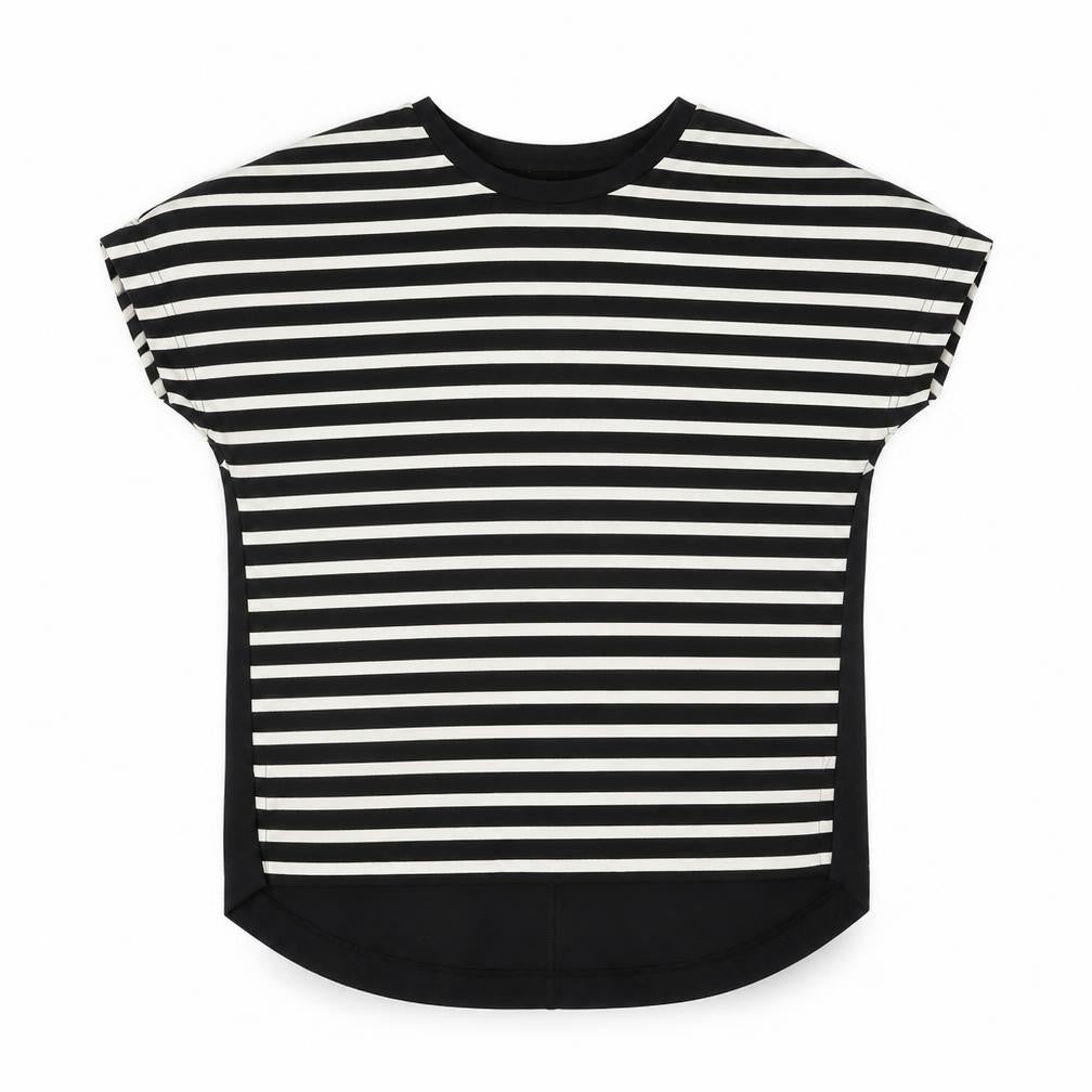 Front view of Kinn women’s black striped cotton basic blouse, size XS, round neck