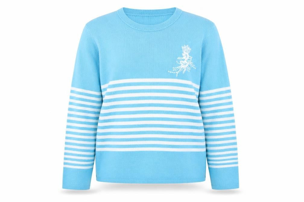 Lizzi Womens Blue Round Neck Striped Acrylic Pullover Jumper Size L - Size L/XL