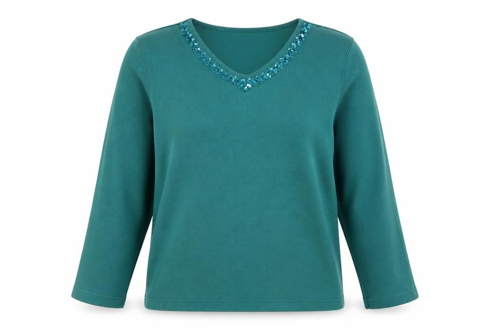 Front view of Bonmarché women’s blue v-neck polyester jumper, size M