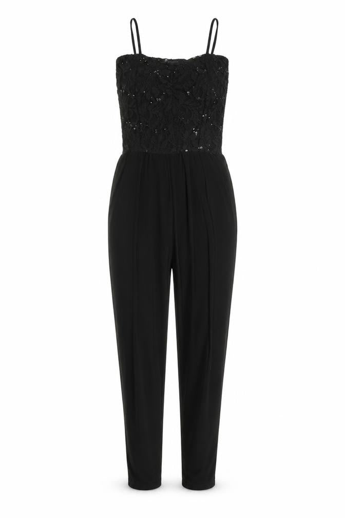 Signature Womens Black Polyester Jumpsuit One-Piece Size S Pullover - Lace Top