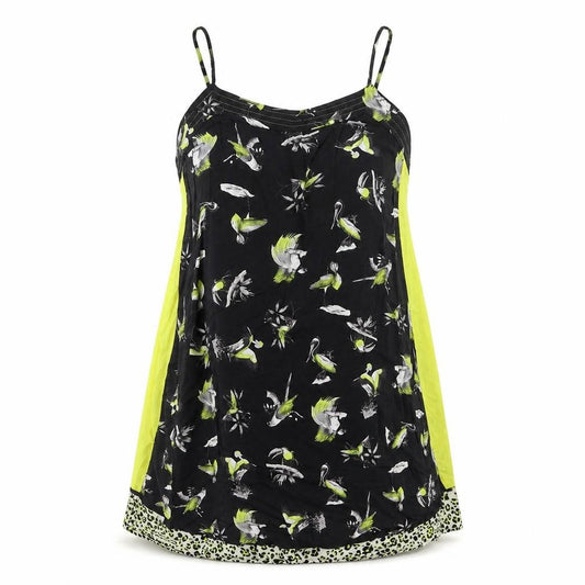 Front view of Zara women’s green geometric polyester basic tank, size M, v-neck - birds print