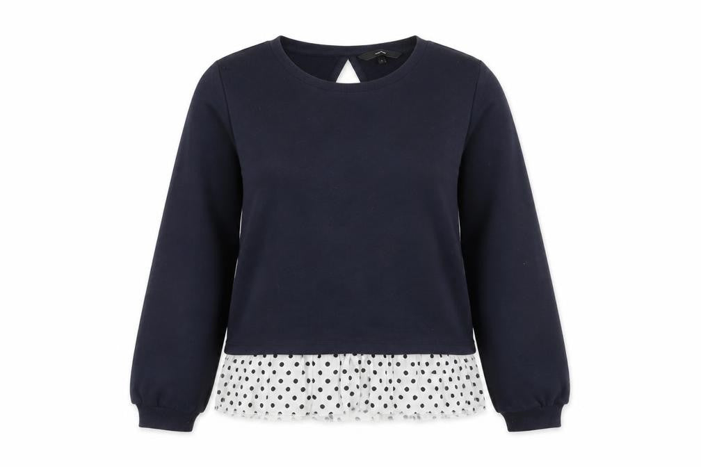 Front view of Vero Moda women’s blue polyester pullover sweatshirt, size S, pullover