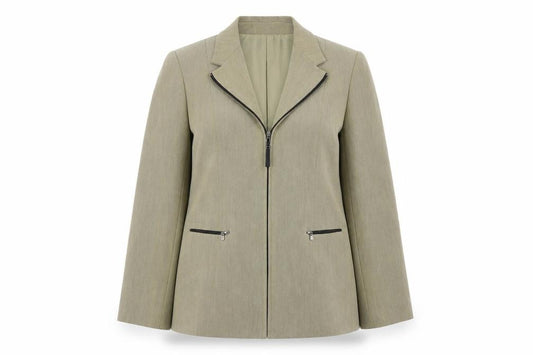 Front view of Gregory Pratt women’s beige polyester jacket, size UK 10, zip