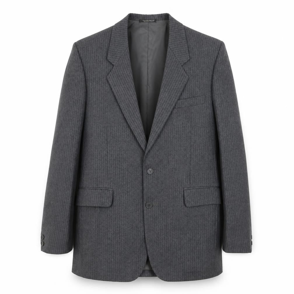 Front view of Peter Brown men’s grey striped wool jacket suit jacket, size 36, regular