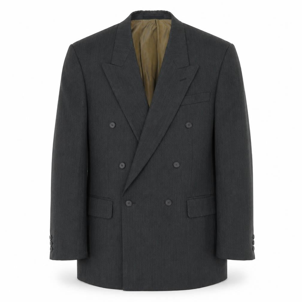 Front view of Preworn men’s grey polyester jacket suit jacket, size 40, regular