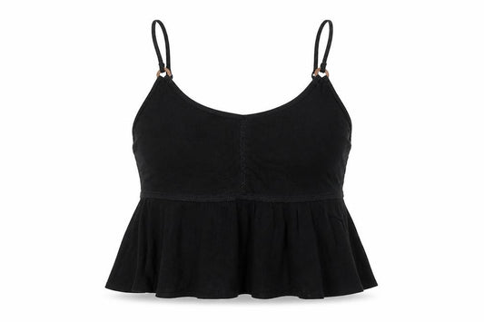 Front view of ASOS women’s black viscose cropped tank, size UK 12, round neck