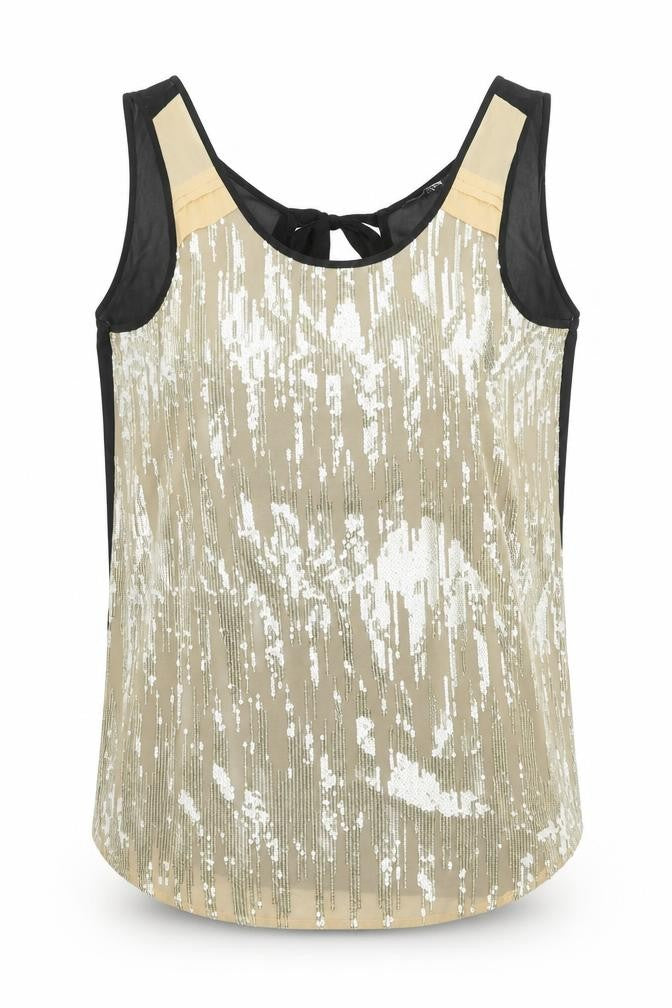 Front view of Papaya women’s gold geometric polyester basic tank, size UK 8, round neck