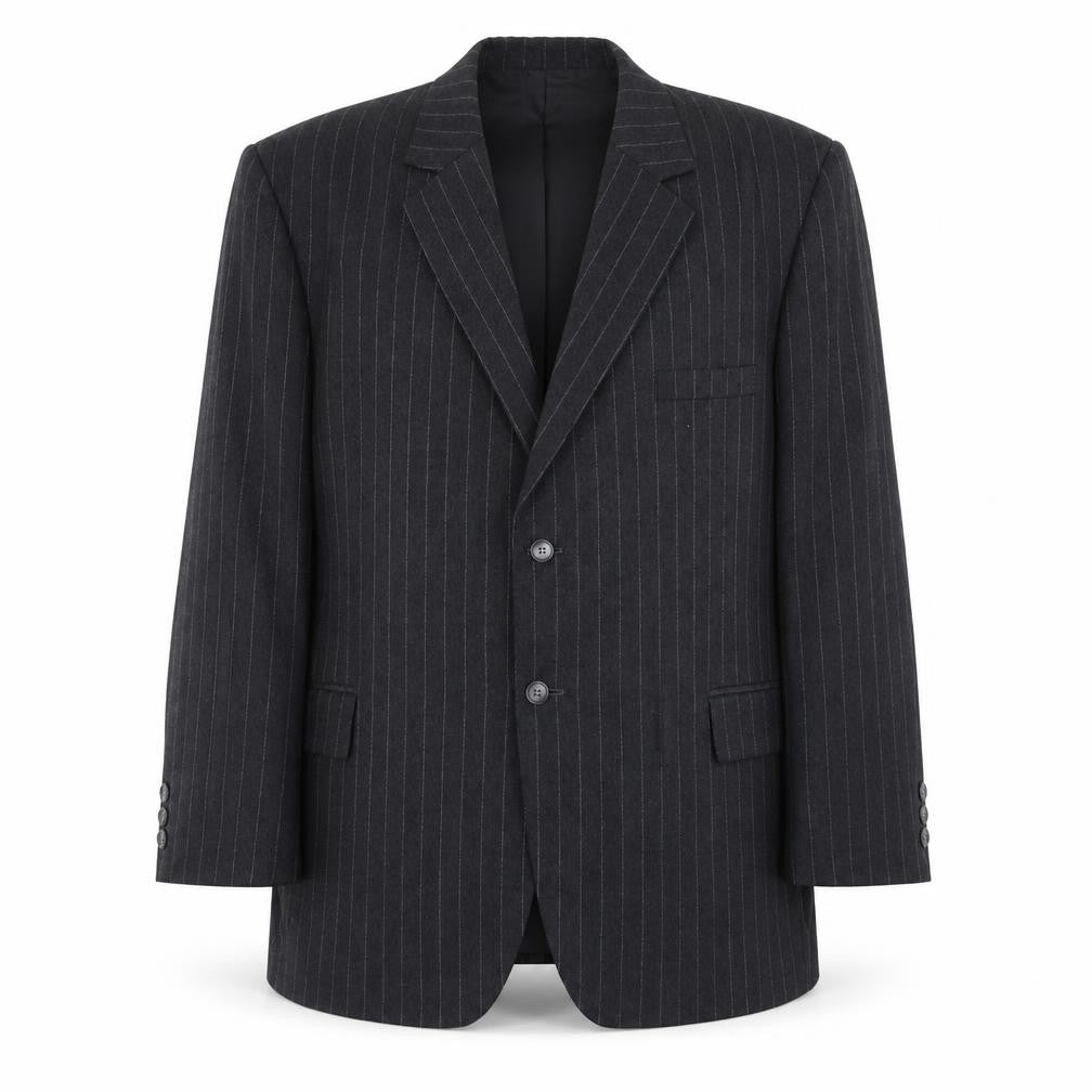 Front view of stagewear men’s grey striped polyester jacket blazer, size 46, regular
