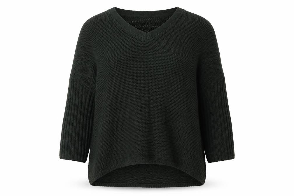 Front view of Noisy May women’s green v-neck acrylic jumper, size M