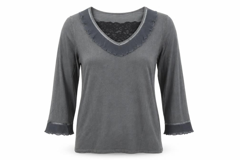 Marks and Spencer Womens Grey V-Neck Viscose Pullover Jumper Size 14 - Lace Detail