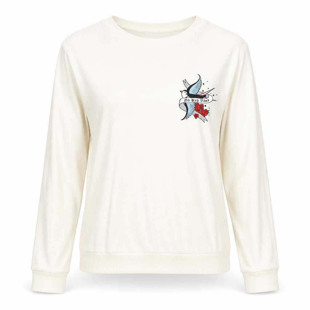 Front view of H&M women’s beige 100% cotton pullover sweatshirt, size S, pullover - no bad vibes