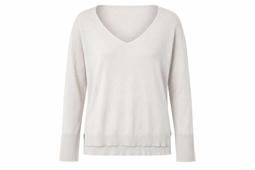 Front view of Oasis women’s beige v-neck acrylic jumper, size S