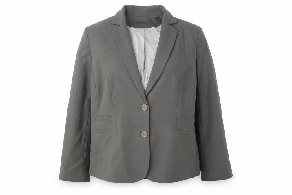 Front view of Busy women’s grey polyester jacket suit jacket, size UK 18