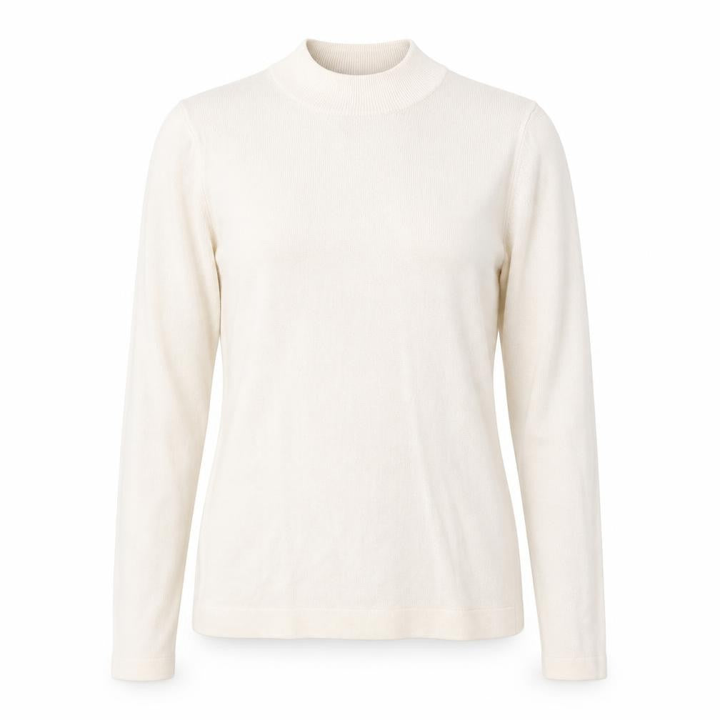 Front view of Soon women’s beige round neck acrylic jumper, size UK 12
