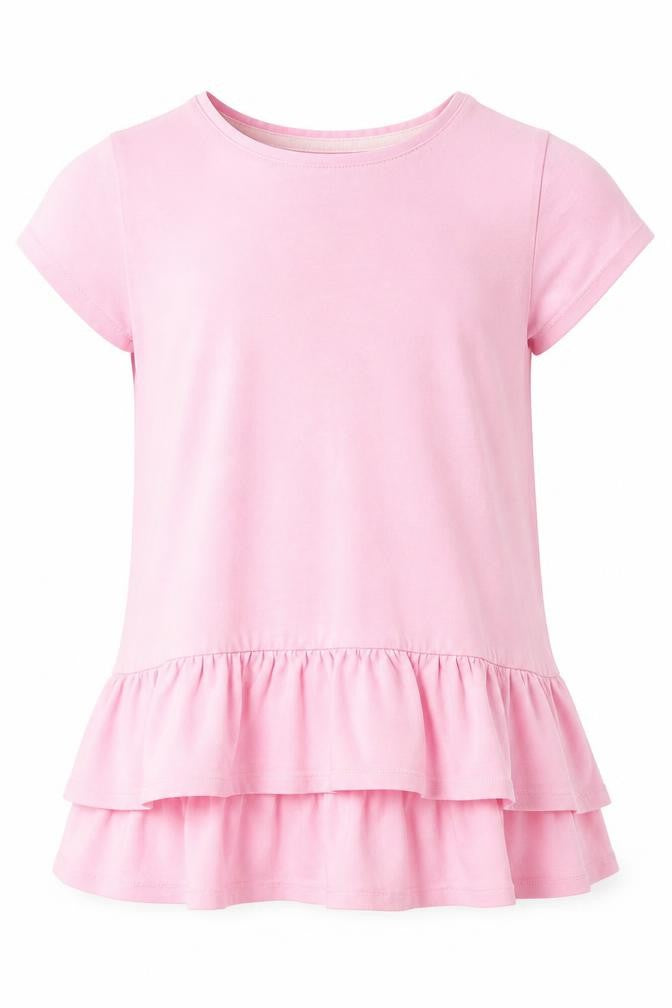 Front view of Cynthia Rowley girls’ pink polyester basic t-shirt, size 7-8, years round neck pullover