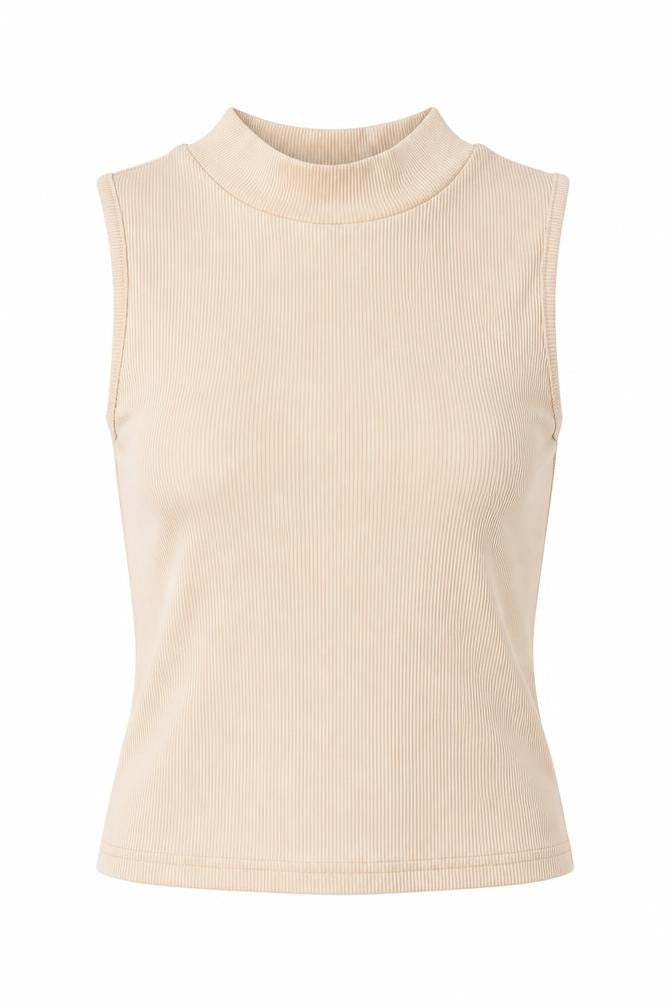 Front view of SHEIN women’s beige polyester basic blouse, size XS, mock neck - ribbed