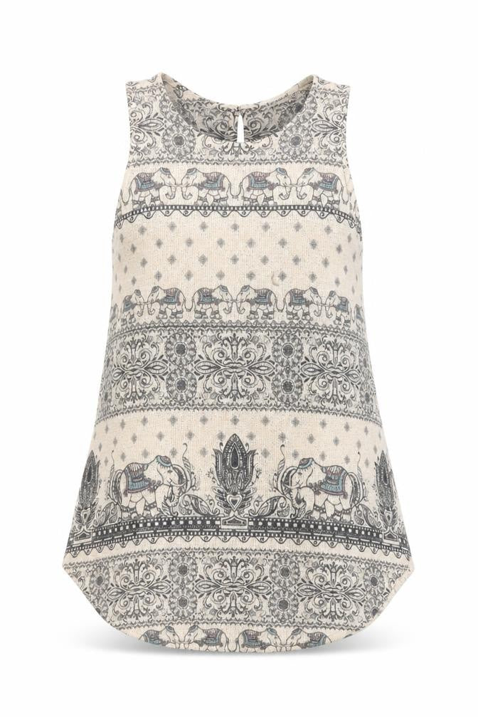 Ginger G Womens Beige Geometric Acrylic Basic Tank Size S Boat Neck - Elephant Print