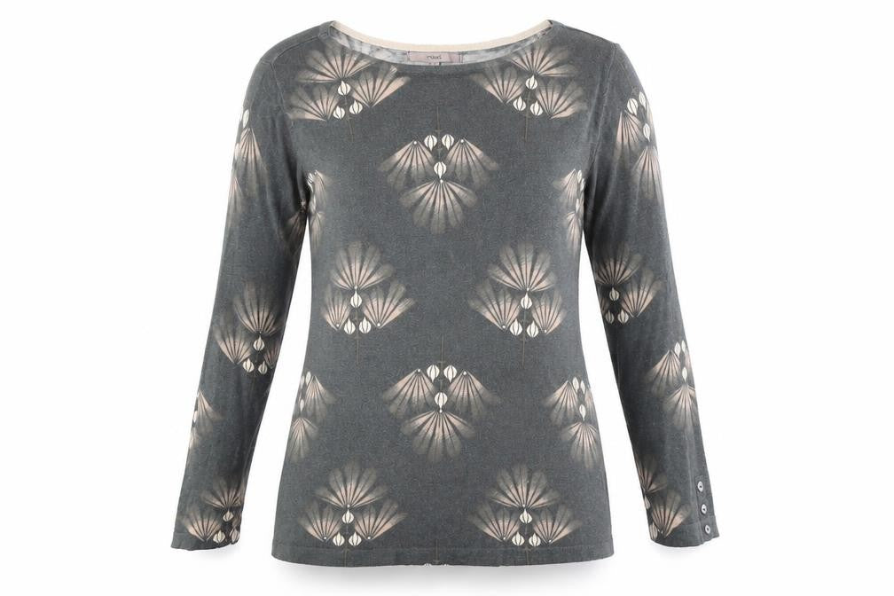 Front view of Next women’s grey geometric cotton basic blouse, size UK 10, boat neck