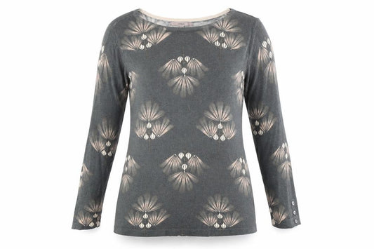 Front view of Next women’s grey geometric cotton basic blouse, size UK 10, boat neck