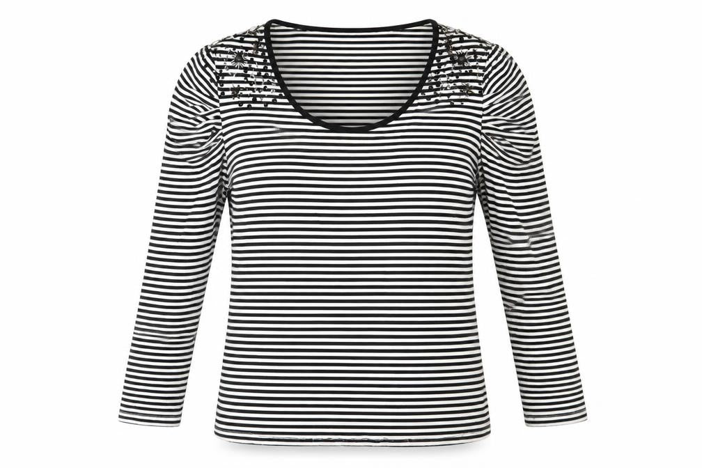 Front view of Country Casuals women’s black striped viscose basic t-shirt, size L, round neck