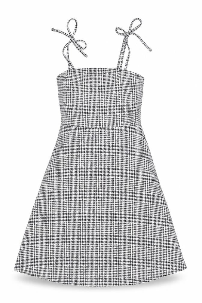 Front view of women’s grey plaid polyester a-line, size UK 6, square neck pullover