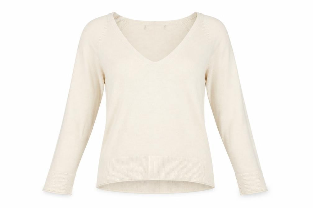 Front view of Zara women’s beige v-neck polyester jumper, size L