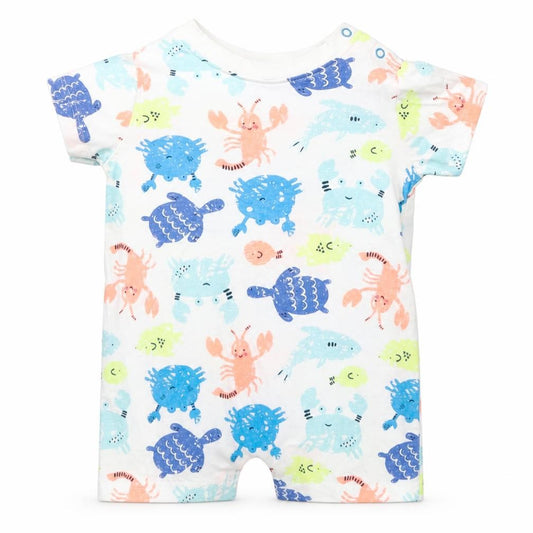 Lullaby Boys White Geometric 100% Cotton Romper One-Piece Size 0-3 Months Snap - Beach animals