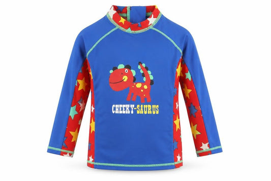 Front view of Marks & Spencer boys’ blue geometric polyamide basic blouse, months round neck zip - dinosaur and stars, swim