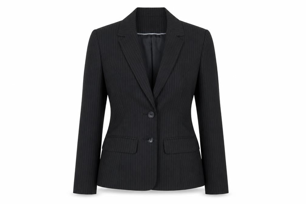 Front view of Papaya women’s black striped polyester jacket suit jacket, size UK 10