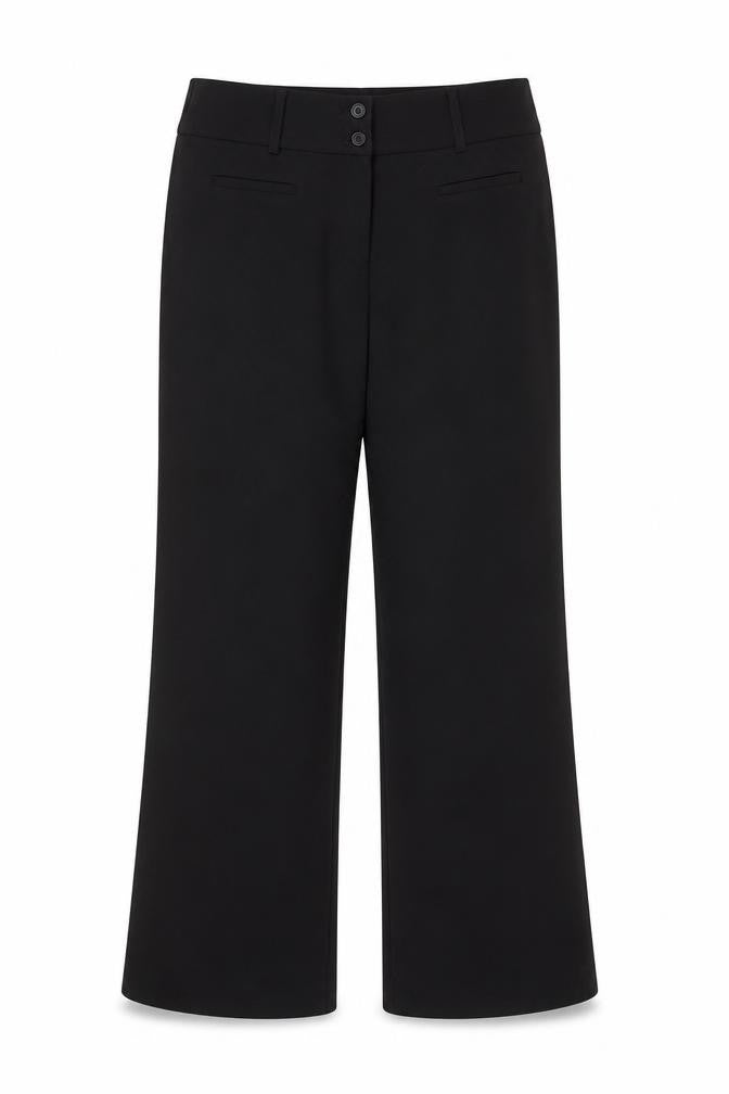 Front view of Avenue women’s black polyester trousers, size UK 10, regular zip