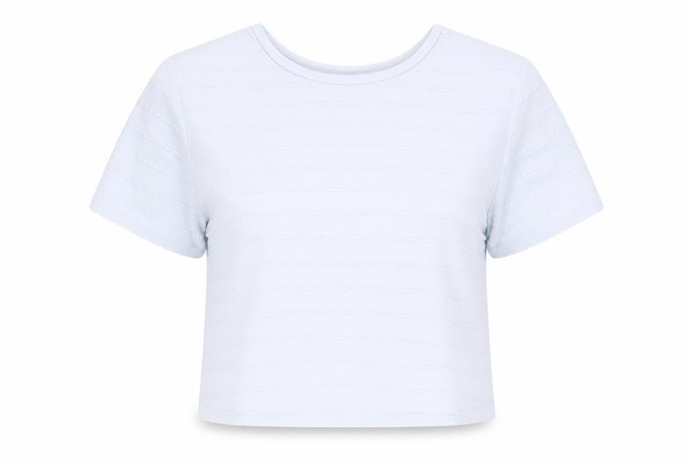 Front view of Topshop women’s blue polyester basic t-shirt, size UK 10, round neck
