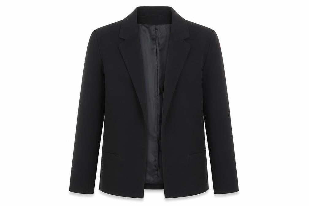 Front view of Love Label women’s black polyester jacket blazer, size UK 8