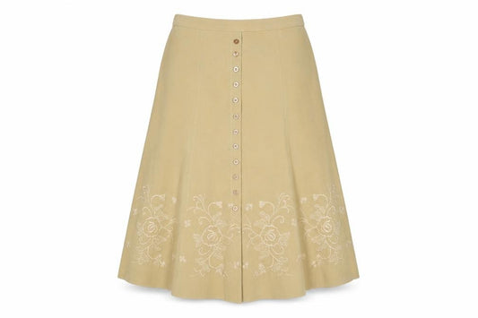 Front view of Rosy women’s brown floral polyester swing skirt, size UK 14