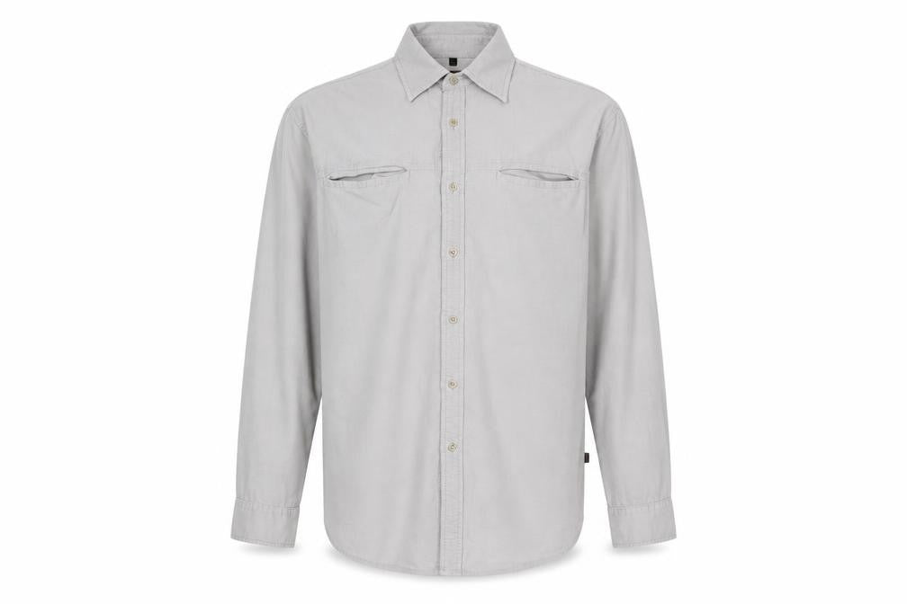Front view of Jeff & Co men’s grey cotton button-up, size L, collared button