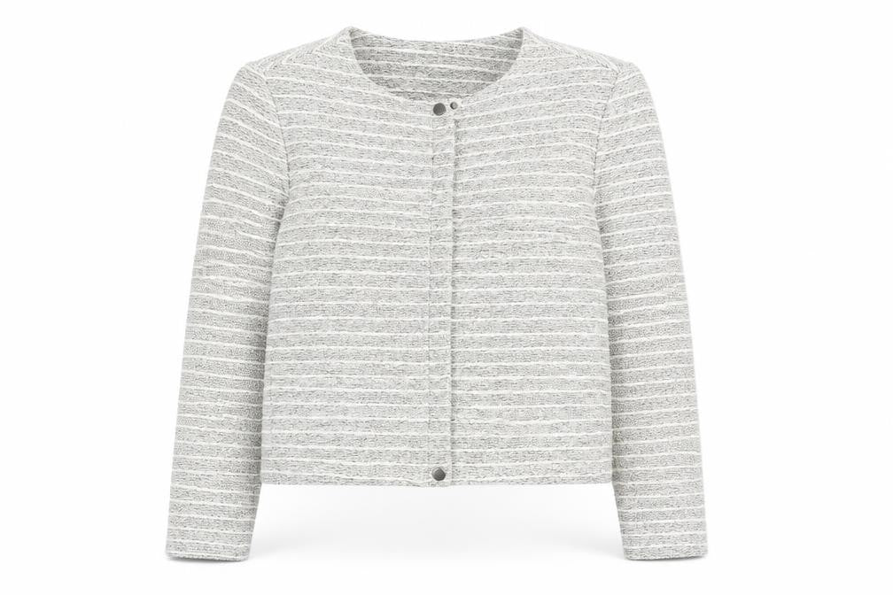 Front view of Next women’s beige striped jacket, size UK 12, zip