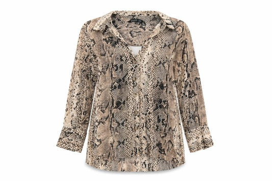 Front view of Stradivarius women’s beige animal print viscose basic button-up, size M, collared - snake skin print