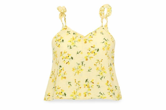 Front view of F&F women’s yellow floral viscose basic tank, size UK 8, v-neck