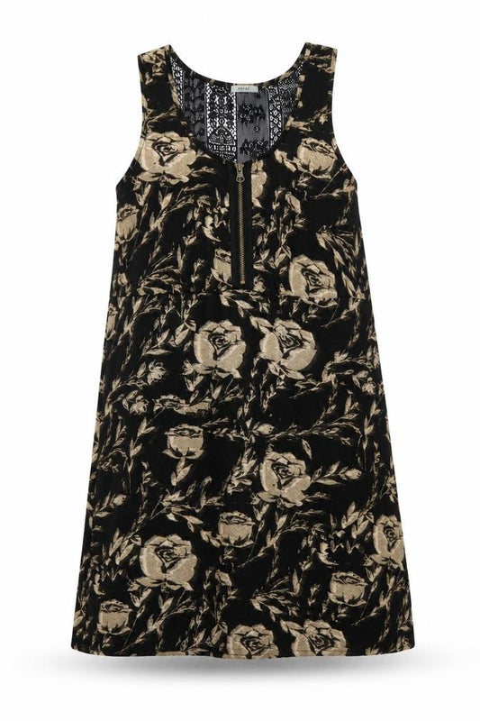 Front view of Kimchi Blue women’s black floral polyester a-line, size M, round neck zip - lace details