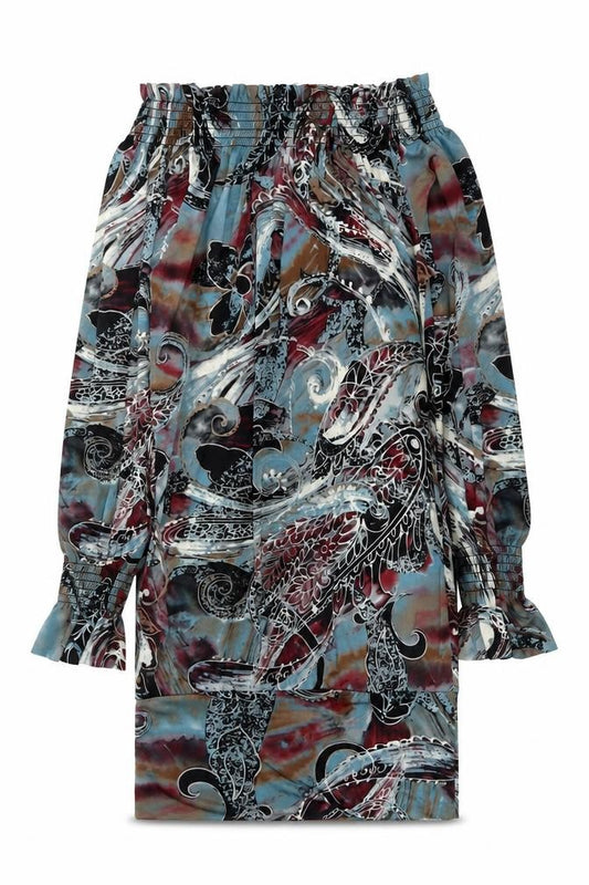 Front view of AX Paris women’s multicoloured geometric polyester shift, size UK 10, off the shoulder pullover