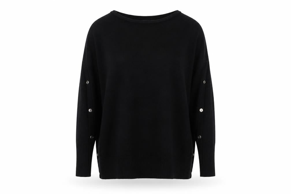 Front view of M&Co women’s black round neck acrylic jumper, size UK 10