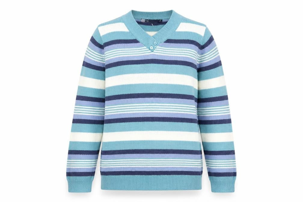 Front view of EWM women’s multicoloured v-neck striped acrylic jumper, size UK 10