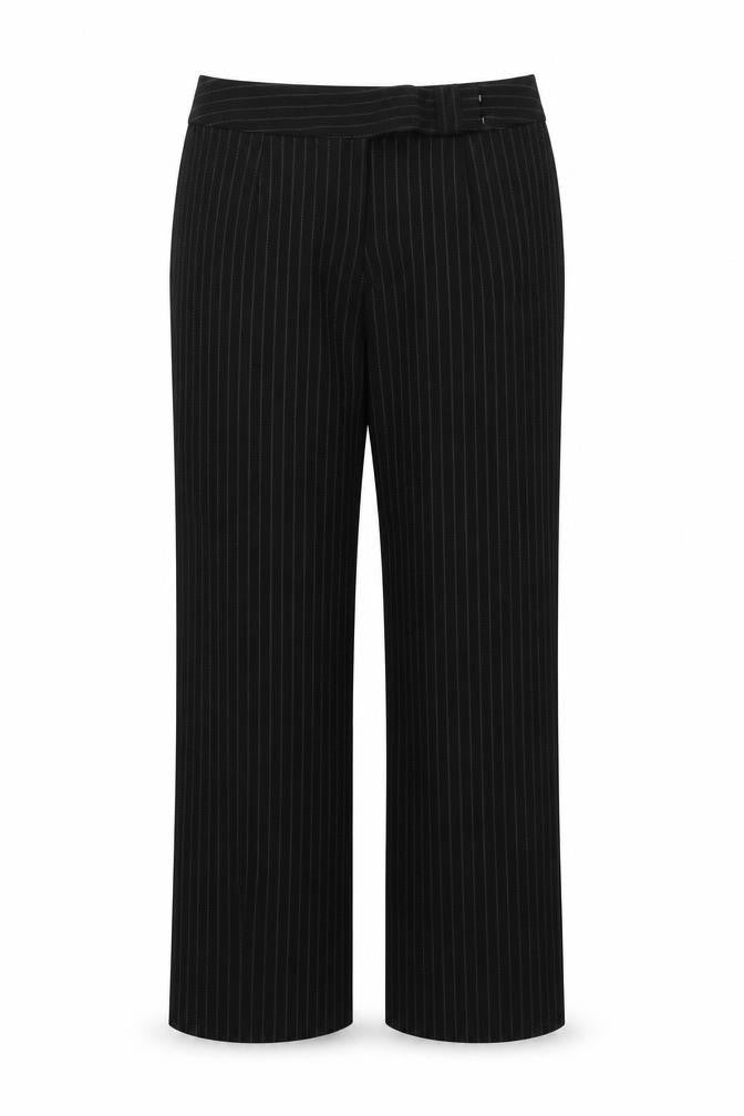 Front view of Klass women’s black striped polyester trousers, size UK 18, 31-inch leg regular button