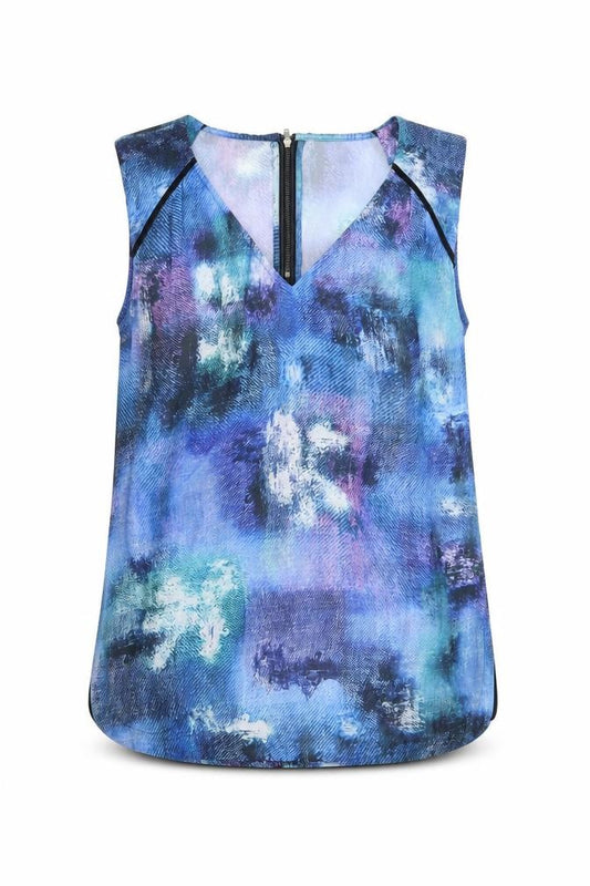 Front view of Warehouse women’s blue geometric polyester basic tank, size M, v-neck